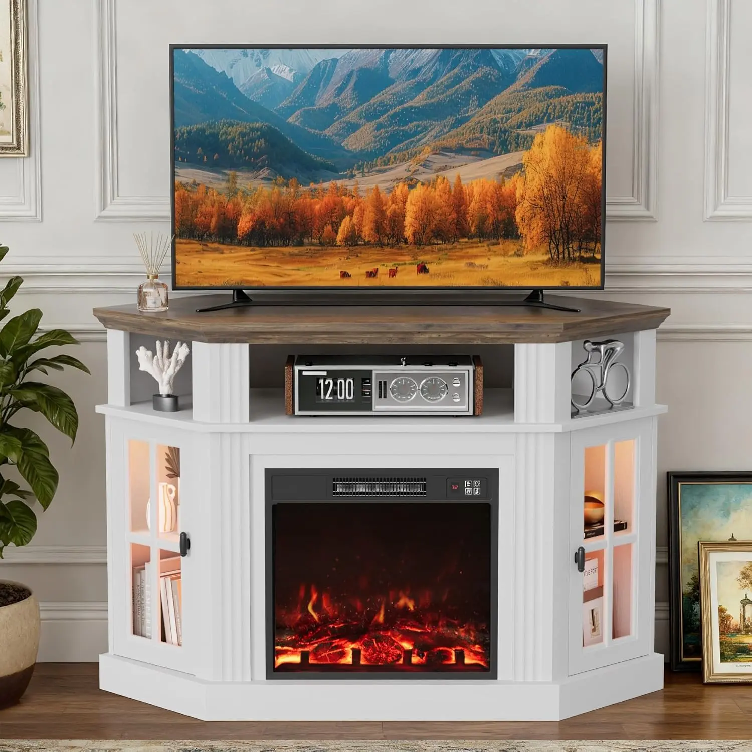 Furmax 55" Classic LED Corner Fireplace TV Stand - Wood Entertainment Console, Indoor Furniture for Living Room, Led Tv Stands, Wood Tv Console