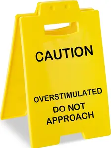 Desk Sign for Workday Humor - 6.3 x 3.9 in - Caution Overstimulated, Answer Desk Rate, Team Nuts - Yellow Sign with Black Text, for Office, Classroom, Home - Gift for Colleague, Boss & Employees