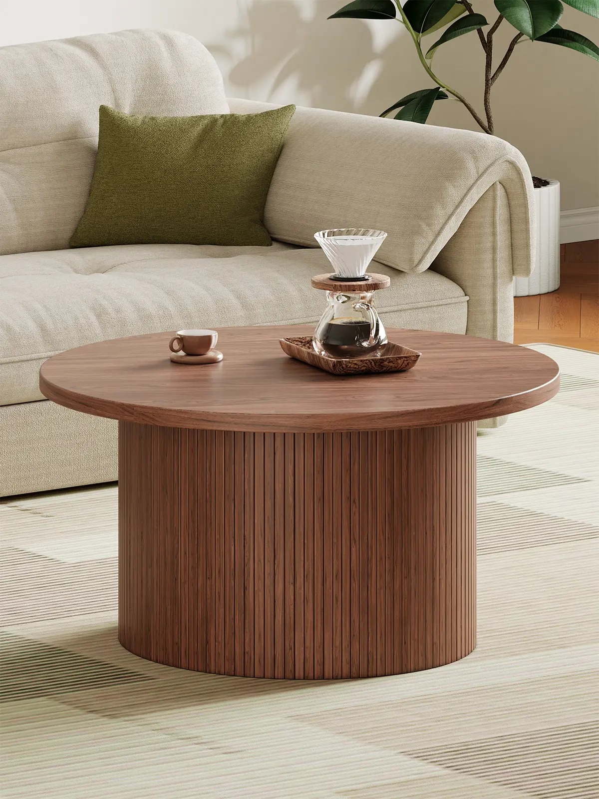 【SummerFinds】ONBRILL 31.5" Fluted Round Coffee Table, Modern Coffee Table with Wood Strip Base, Farmhouse Fluted Center Table for Living Room, Reception Room