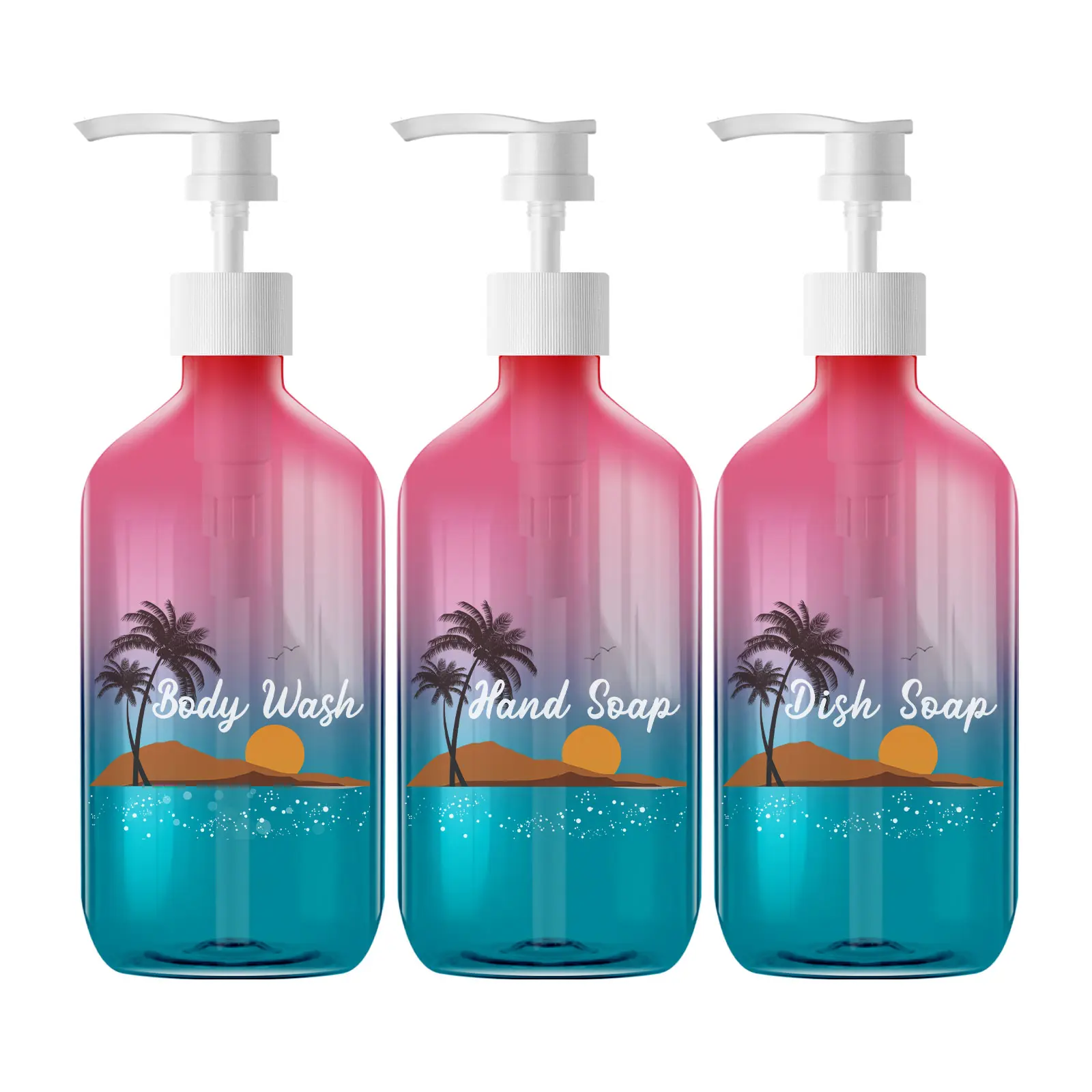 Gradient Color Pump Dispenser Bottle Set 500ml/16.9oz Empty Clear Plastic Refillable Containers for Body Wash Hand Soap & Dish Soap