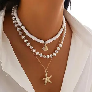 Veliora Gift B Seashell  Layered Charm Starfish  Stack Beach Wear for Women Boho Summer Accessories 14k Pearl Chain Surfer Jewelry Beachy Boho Outfits initial Elegant Rose Bear Necklace Stainless Steel Miami Cuban Link