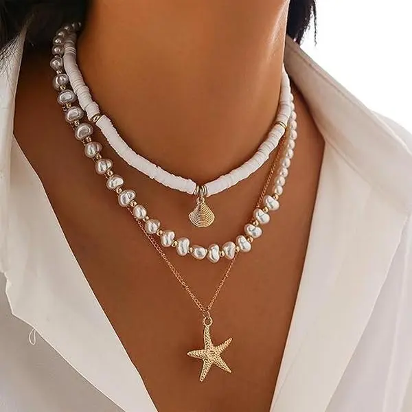 Veliora Gift B Seashell  Layered Charm Starfish  Stack Beach Wear for Women Boho Summer Accessories 14k Pearl Chain Surfer Jewelry Beachy Boho Outfits initial Elegant Rose Bear Necklace Stainless Steel Miami Cuban Link