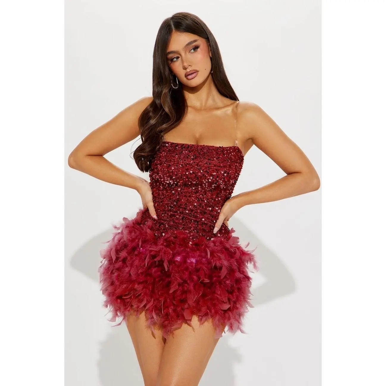 Women's Zoey Feathered Sequin Straight Mini Dress - Wine, Polyester-Spandex Fabric, Zipper Closure, Imported