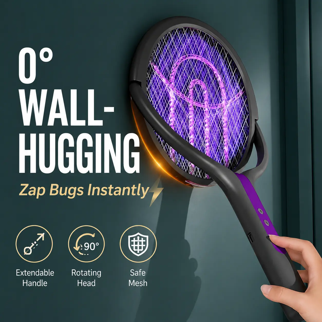 Rechargeable Electronic Mosquito Zapper & Trapper, Electric Fly Swatter with Extendable Handle, 90° Rotatable Head, 0° Wall Hugger Design, Ideal for Home Kitchens, Bedrooms & Garage Indoor Use, Mosquito Trapper, Ideal For Home Kitchens And Bedrooms, Indoo