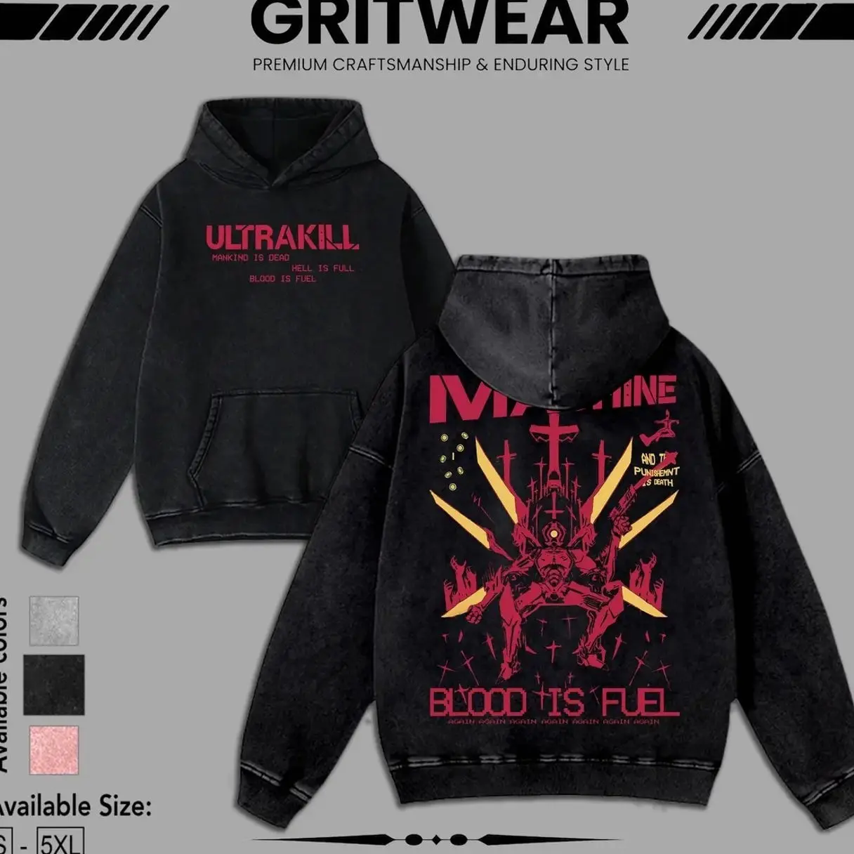 Ultrakill Blood Is Fuel Graphic Hoodie/T-shirt, Vintage Acid Wash Streetwear, Retro Indie Gaming Pullover, Cyber-Grind Aesthetic Heavyweight Sweatshirt tee MJT