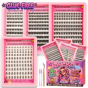 DYCKO 440Pcs DIY Lash Extension Kit - Self-Adhesive Glue-Free Cluster Lashes, DIY Eyelash Clusters, 4 Mixed Styles: Manga Spiky/Fairy Wispy/Wild Volume/Fishtail, 3s Apply Press-on Lashes with Tweezer & Brush