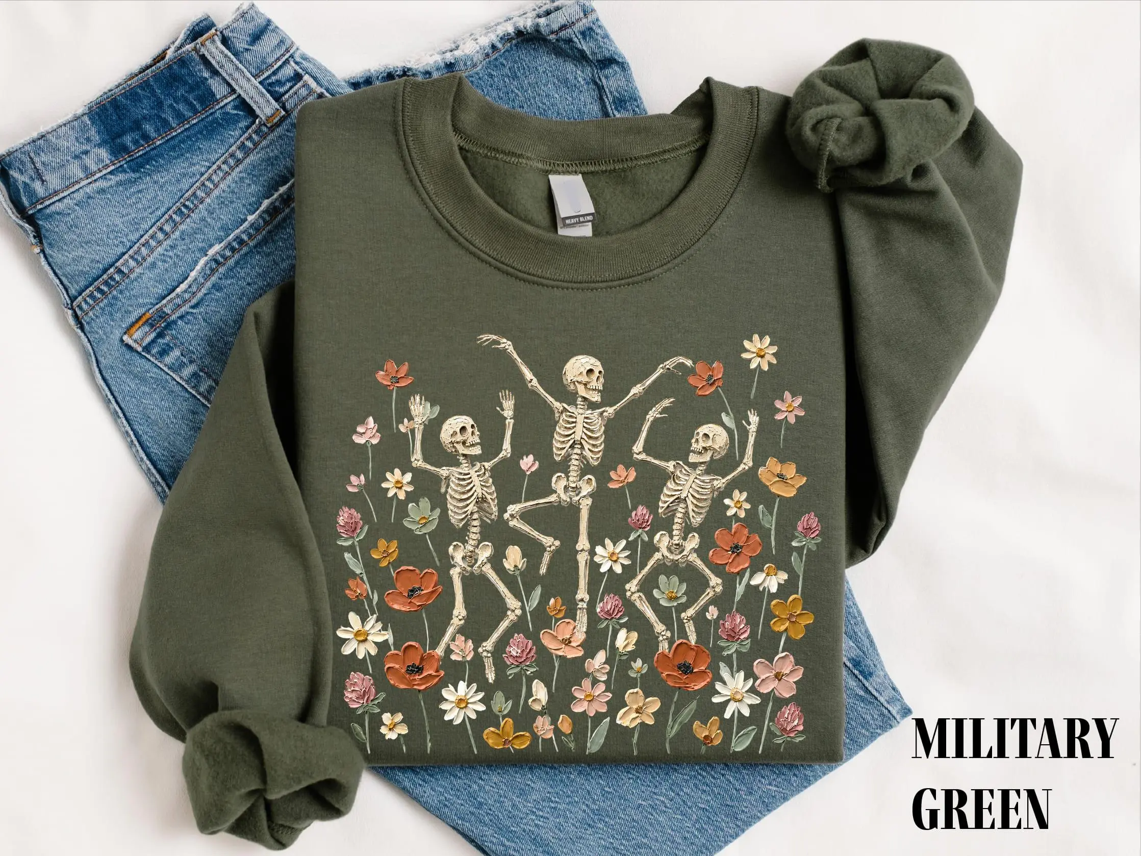 Dancing Skeleton Fall Sweatshirt, Cute Floral Skeleton Graphic Top, Spooky Season Halloween Pullover Gift for Fall Lovers - HARSIN
