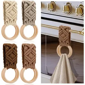 4 count Kitchen Dish Towel Holder Mother's Day  for Mom Chef Boho Handmade Crochet Hanging Towels Loop Ring Knit Towel Hanger for Cabinet House Oven Stove Door, 4 Colors(Brown)