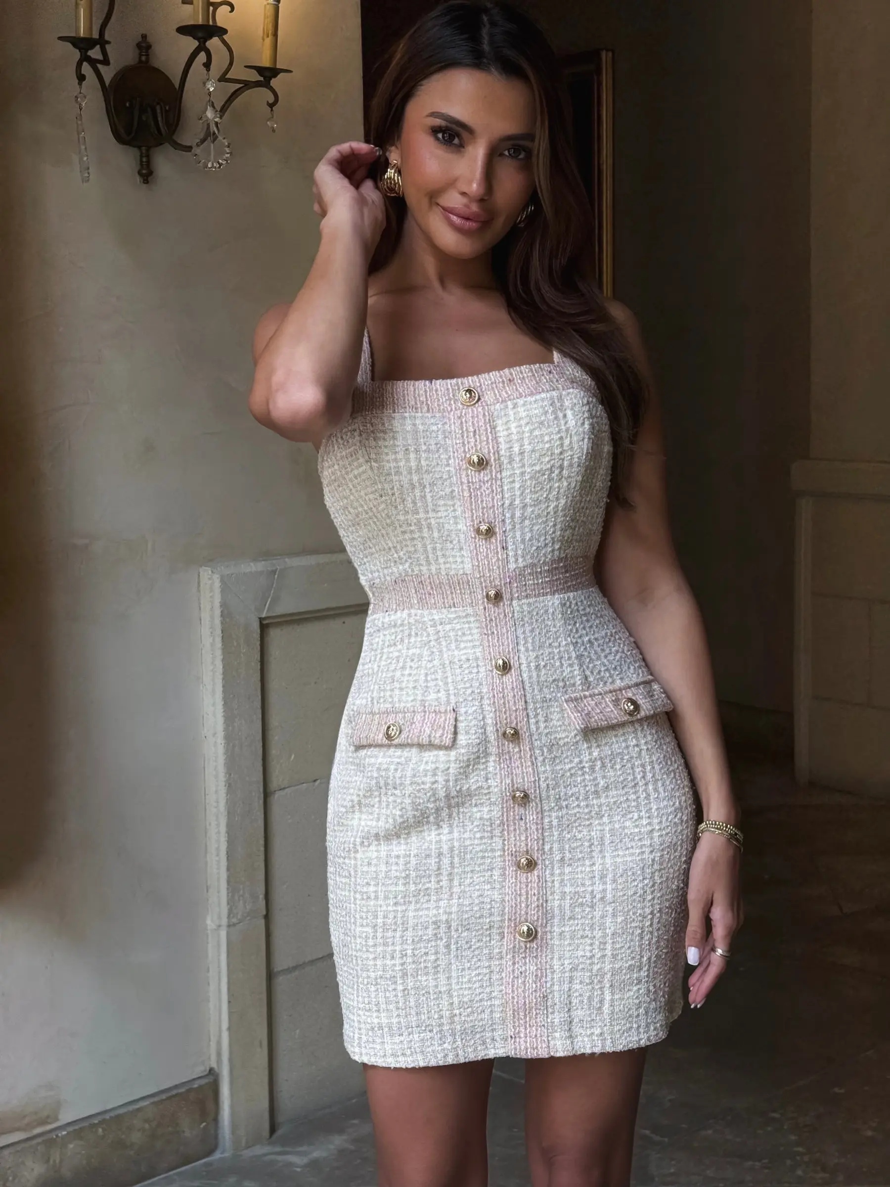 Classic Tweed Mini Dress with Gold Buttons and Adjustable Straps