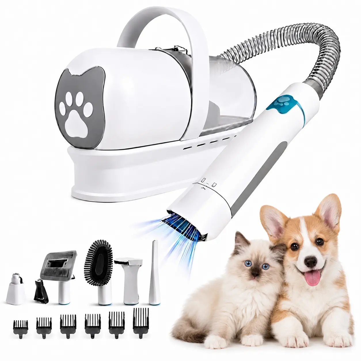 7-in-1 Pet Groomer Vacuum Kit with Dog Clippers, Cat Paw Trimmer & Nail Grinder, Pet Grooming Vacuum for Shedding, 6 Guard Combs & Quick-Empty Canister
