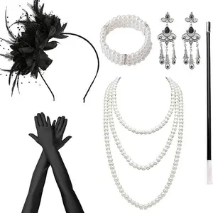 1920s Accessories for Women, Feather Headband Fashion Roaring 20's Theme Set, Pearl Necklace Jewelry Cigarette Rod Black