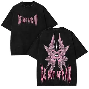 Be Not Afraid Washed T Shirt, Gothic Angelic Streetwear Top for Women - Pink Seraphim Wings Graphic, Whimsical Clothes, Funny Good Graphic Tee, T Shirts