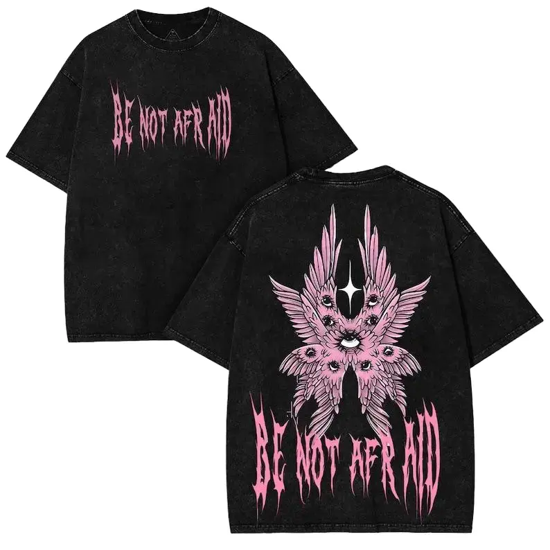 Women's 'Be Not Afraid' Angel Graphic T-Shirt, Casual Drop Shoulder Short Sleeve Gothic Streetwear, 100% Cotton Goth Clothes, Shortsleeve, Tshirt, Digital Print, Alternative Style
