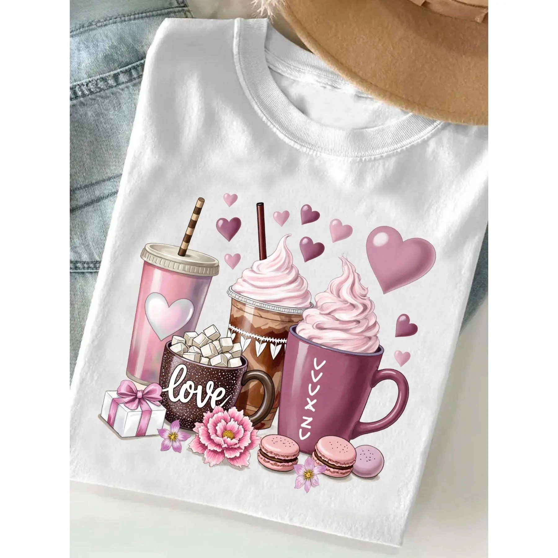 Women's Graphic T-Shirt - Pink Coffee & Heart Print, Casual Short-Sleeve Round-Neck Streetwear Top for Ladies, Lady, Tshirt