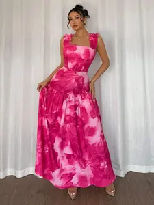 Fire Dragon Fruit Color Ditsy Floral Midi Dress, Sleeveless Square Neck Design, Slimming Fit, Summer Vacation Date Choice