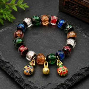 Temple Sacred Incense Ash Elegant Bangle, Traditional Chinese Feng Shui Spiritual Blessing Accessory with Blessed Gold Bell, Colorful Beads and 5-Elements Design wealth magnet