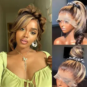 28 Inch Honey Blonde Wig Human Hair Highlight Ombre Body Wave 360 Lace Front Wigs Human Hair Pre Plucked Glueless Wigs for Women Drawstring Full Frontal Lace Wig 4/27 Colored 180% Density