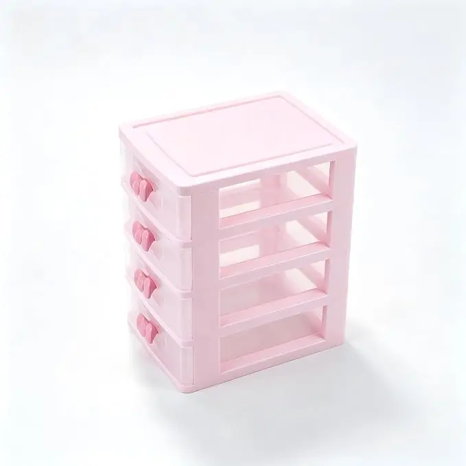 Pink 4-Tier Plastic Tabletop Beauty Organizer - 7.1x5.5x9 in Contemporary Sliding Drawer Multilayer Storage Box, Makeup Organizer Box for Vanity Organization, Room Accessories Jewelry Holder (No Electricity Needed), Storage Organizer
