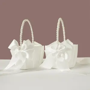 2 PCS Ivory Wedding Flower Girl Basket with Pearl Handle Cute Flower Basket for Flower Girl