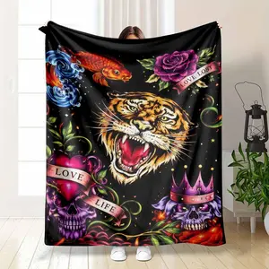 3dED- HARDY Tattoo Tiger Skull Blanket Living Room Bedroom Sofa Soft and Comfortable Warm Blanket Office Leisure Blanket