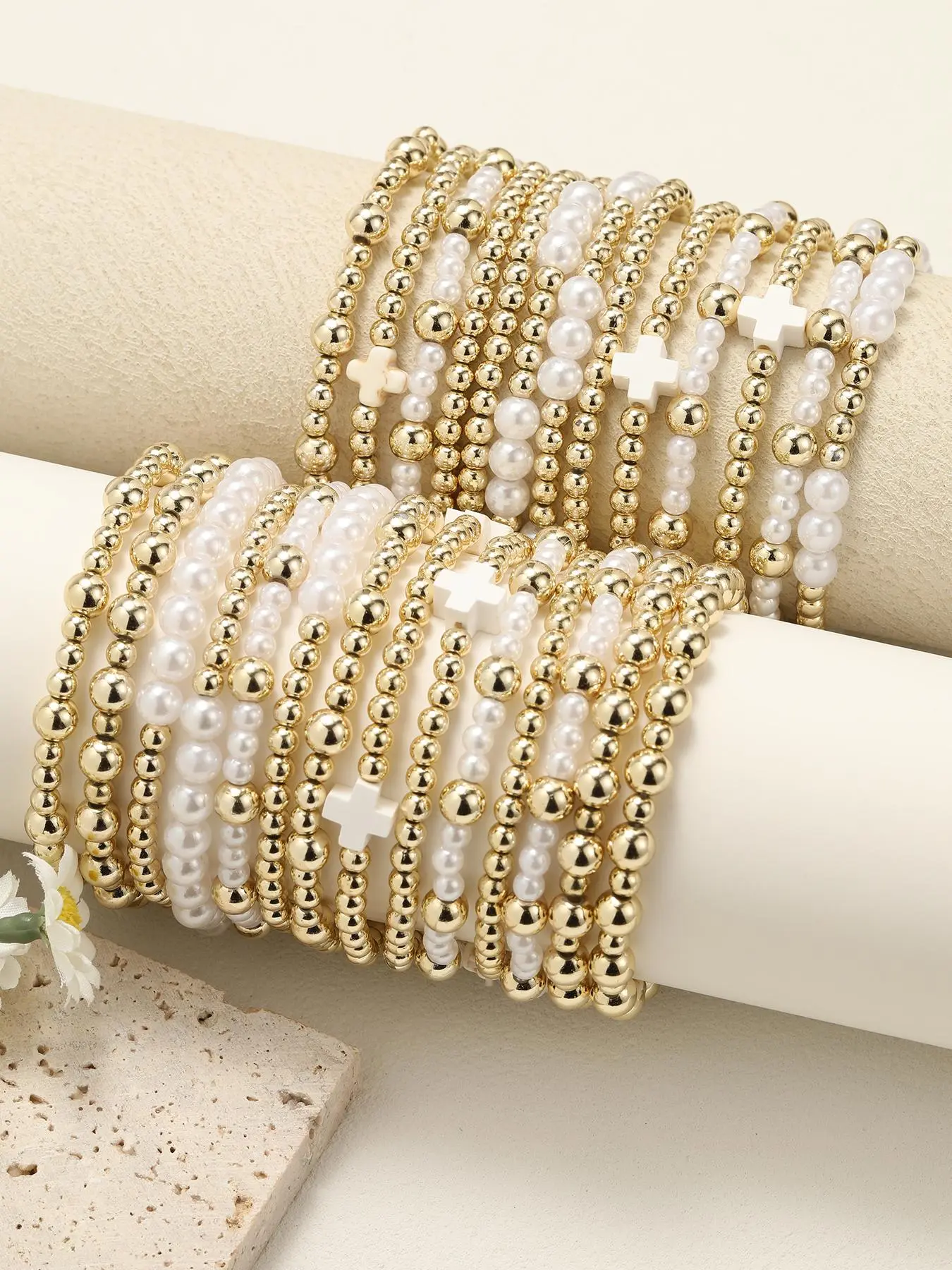 Fashion Faux Pearl Decorated Bracelet Set, Beaded Bracelet Sets, Cross Charm Decor Bracelet for Women & Girls, Jewelry Accessories for Birthday Gift, Cross Bracelets, Fashionable Bracelet Style