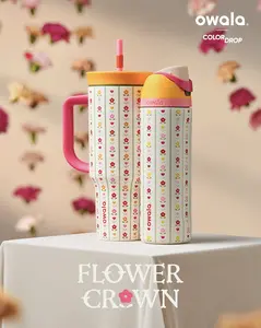 Owala Color Drop Flower Crown Floral Stripe Water Bottle, 24oz/32oz/40oz Insulated Stainless Steel Tumbler with Handle & Built-in Straw Holder, Pop-Up Leak-Proof Lid, Double Wall Vacuum Insulated Pastel Flower Owala Bottle,