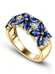 Blue Sapphire Flower Multi Cut Cluster Ring, Vintage Luxury, Hypoallergenic 18k Gold Plated, Diamond Accent, Perfect Gift for Her