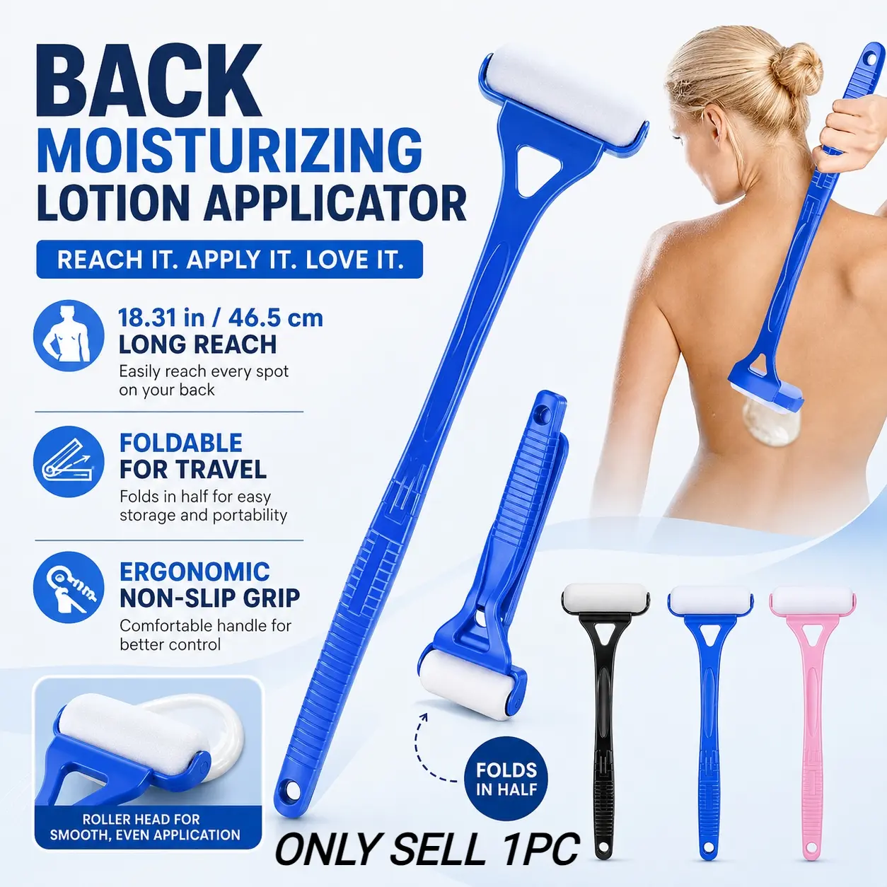 18.3 Inch  Back Moisturizing Lotion Applicator, Bath Sunscreen Application Roller Foldable Long Handle, Roller Head, Ergonomic Non-Slip Grip, Portable for Travel & Daily Use Long Curved Handle Sunscreen Applicator for Back, Bath Accessories