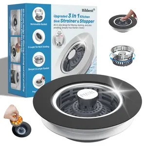 Hibbent Upgraded 3 in 1 Kitchen Sink Drain Strainer, Stainless Steel Pop Up Sink Stopper, Larger Anti-Clogging Basket, 3-Layer Seal, Detachable Drain Plug for US Standard 3-1/2" Drain, Matte Black