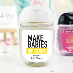 Make Babies Baby Shower Hand Sanitizer Labels - 30 Glossy Adhesive Stickers for Bath & Body Works PocketBac Bottles - Personalized with Names and Event Title