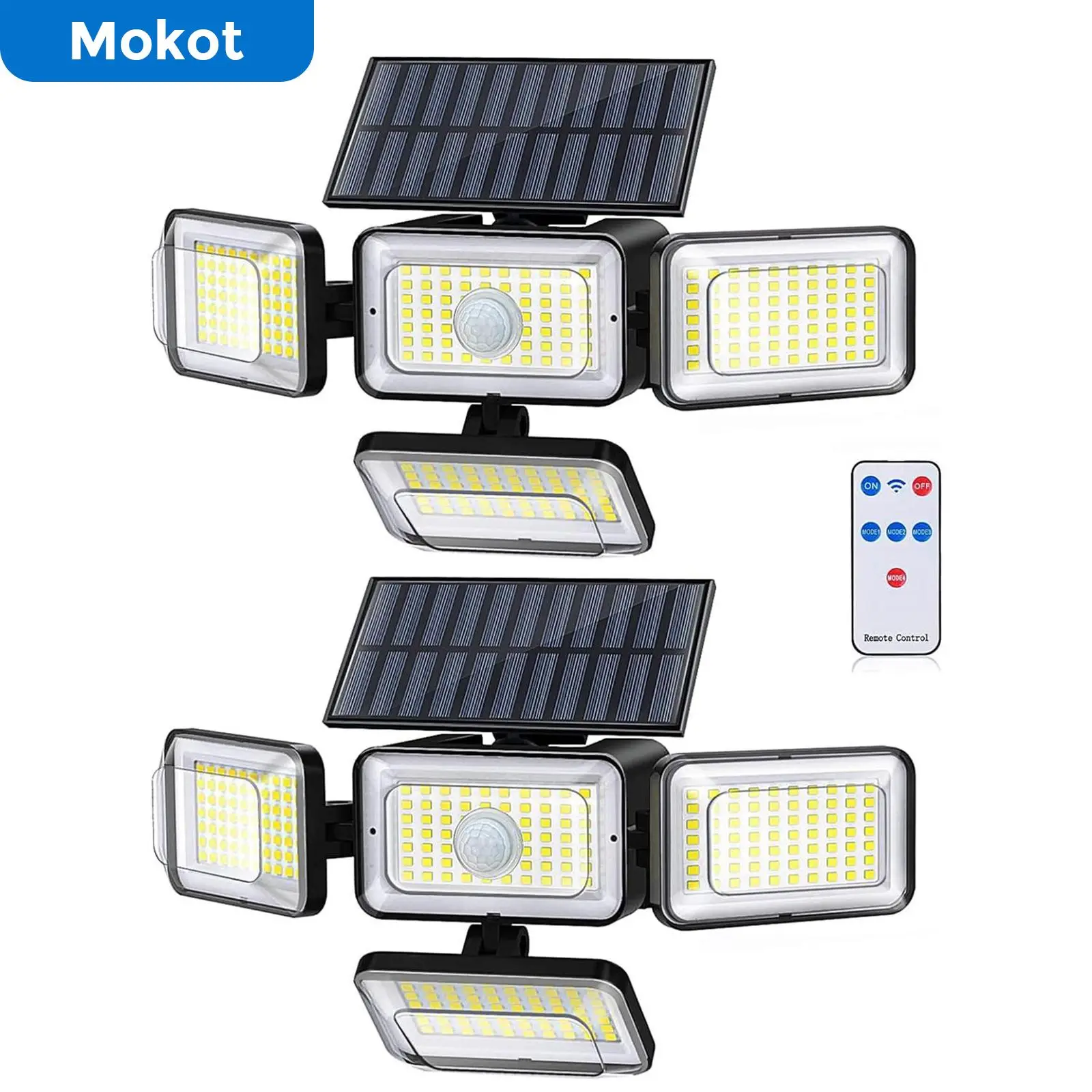 Mokot Solar Lights Outdoor, IP65 Waterproof 2800LM 288 LED Security Solar Light with Remote Control, 4 Adjustable Heads Solar Powered Flood Wireless W