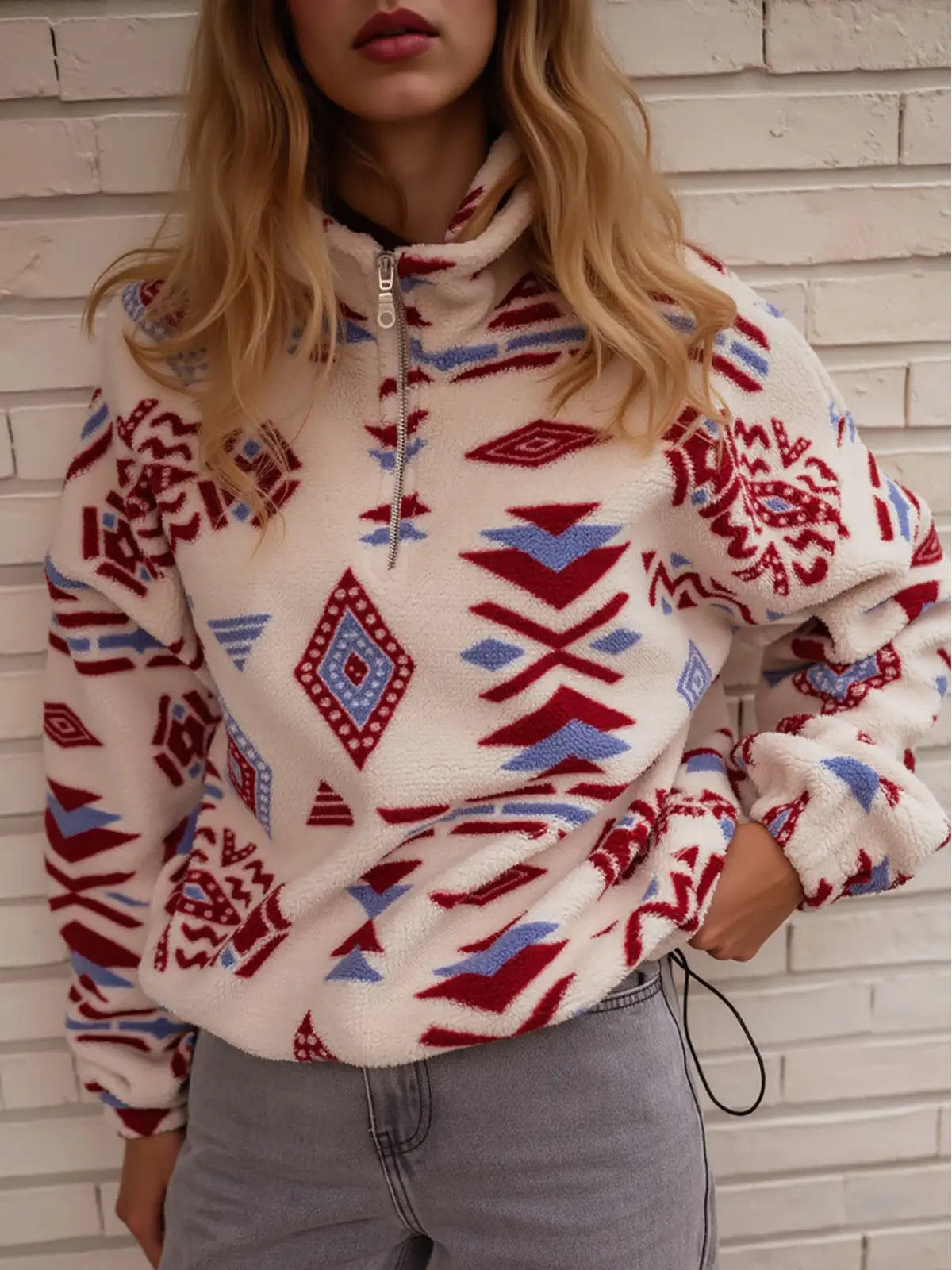 FISOEW Quarter Zip Fleece Jacket Western Aztec Print Long Sleeve Zip Up Shacket Jackets with Pockets