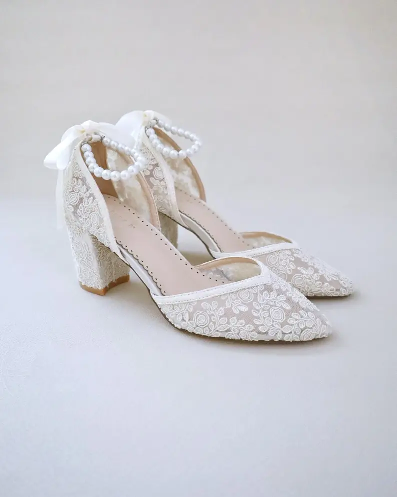 Ivory Crochet Lace Almond Toe Block Heel with Pearl Ankle Strap - Women's Wedding Shoes, Bridesmaids Shoes, Bridal Shoes, Block Heels