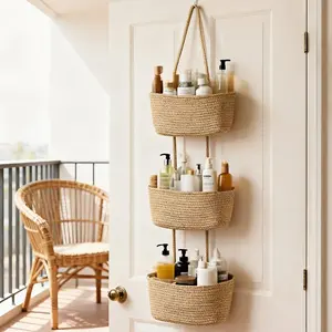 Woven cotton 3-Tier Over the Door Basket, Wall-Mounted Jute Storage Organizer – Decorative Nursery Baskets, Perfect for Busy Mom/Dad to Store Diapers & Toys small basket Gift Hook laundry basket house organizers petlovers