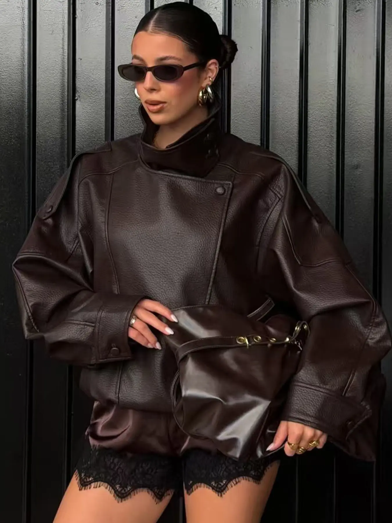 2026 Women's Asymmetric Faux Leather Casual Jacket Women's Bomber Jacket Demi-Season Black Red Brown Outerwears Oversized Long Sleeve Tops For Women Office & Daily Wear Coat Fashion Casual Outerwear