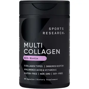 Sports Research Multi Collagen Pills (Type I, II, III, V, X) - Hydrolyzed Collagen Peptides with Hyaluronic Acid + Vitamin C - Non-GMO Verified & Gluten Free - 90 Capsules
