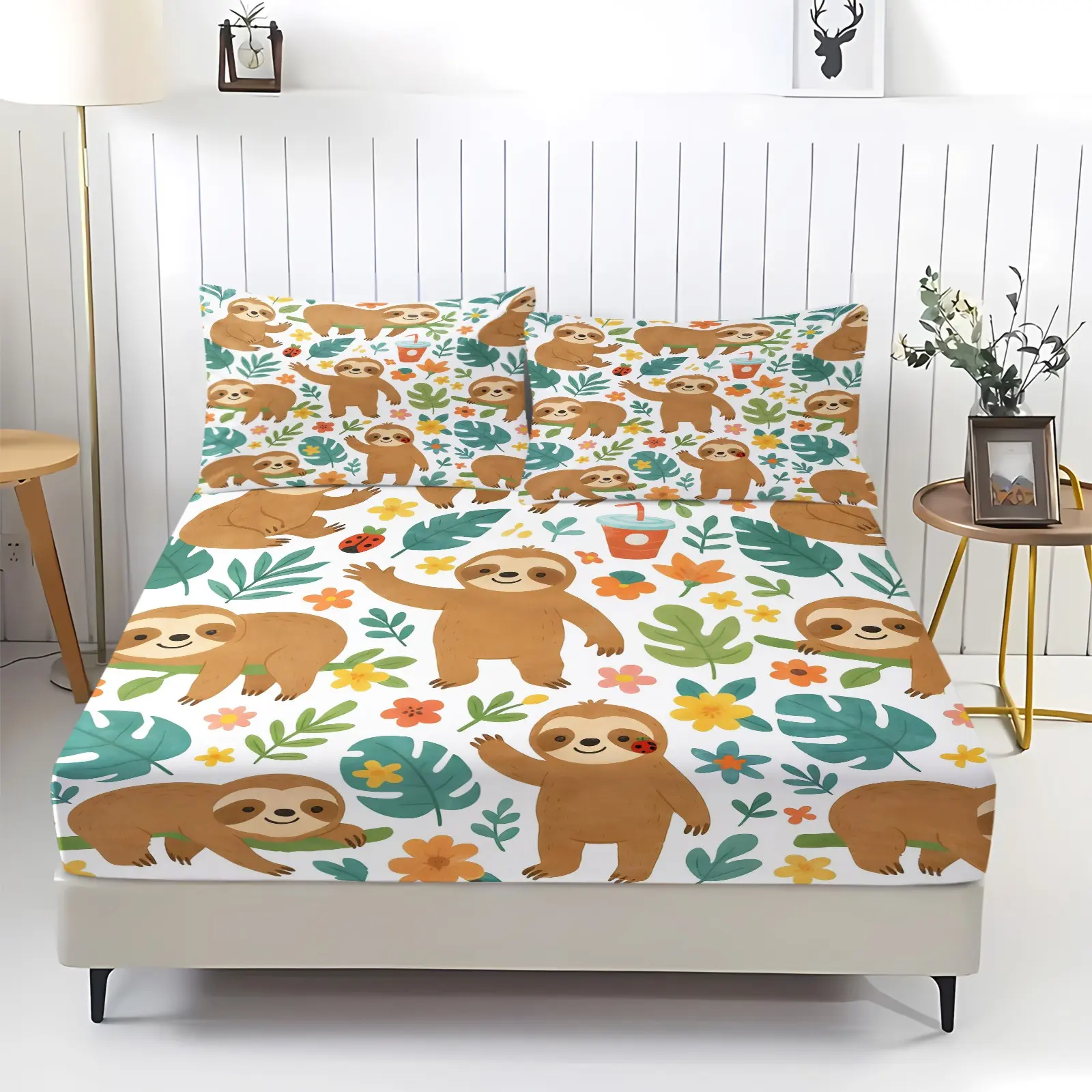 Erosebridal Kawaii Sloth Bedding Set Queen Size,Cartoon Sloth Floral Fitted Sheet,Cute Colorful Flower Bottom Sheets Wildlife Animal Print Bed Set 3 Pcs
