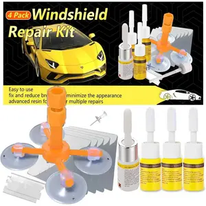 Windshield Crack Repair Kit, Windshield Repair Kit for Chips and Cracks, 4 Pcs Car Glass Repair Kit, Cracks Gone Glass Repair Kit Automotive Quick Fix for Chips, Cracks, Bullseyes (Yellow)
