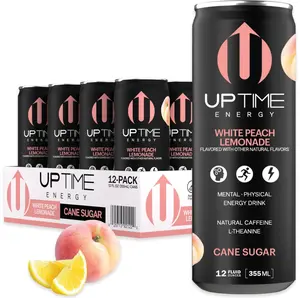 UPTIME Energy Fruit Drink, White Peach Lemonade Flavor, 12-Pack (12 fl oz Each) with Certified Organic Cane Sugar, Natural Caffeine, L-Theanine, Vitamins for Mental & Physical Boost, Includes Cannister, Drinks