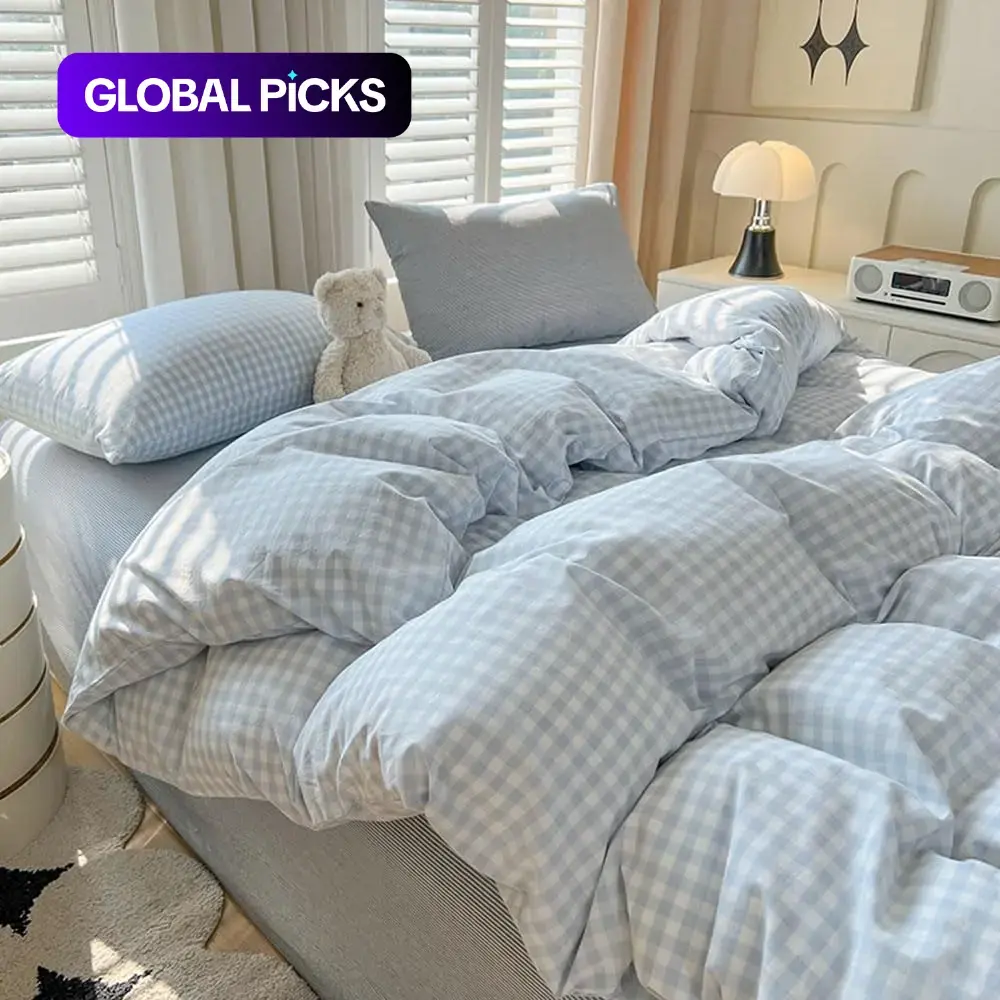 3-Piece Plaid Duvet Cover Set, Large Blue Grid Bedding, Soft Bedding Sets, Soft Breathable Washed Microfiber, Includes Pillowcases, Bedroom Furniture, Machine Washable Duvet, Bed Covers