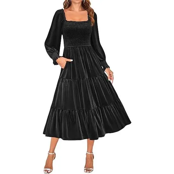 ZESICA Women's Velvet Long Sleeve Dresses 2026 Winter Square Neck Smocked Ruffle A Line Flowy Cocktail Party Midi Dress