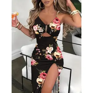 PrintingSilm Midi Dress with Metal Chain Detail - V Neck, Sleeveless, Side Pleat Slit, Suitable for Nightclubs and Date Nights, Date Night Dress Blue Formal Womenswear Workwear Black Floral Spaghetti Strap