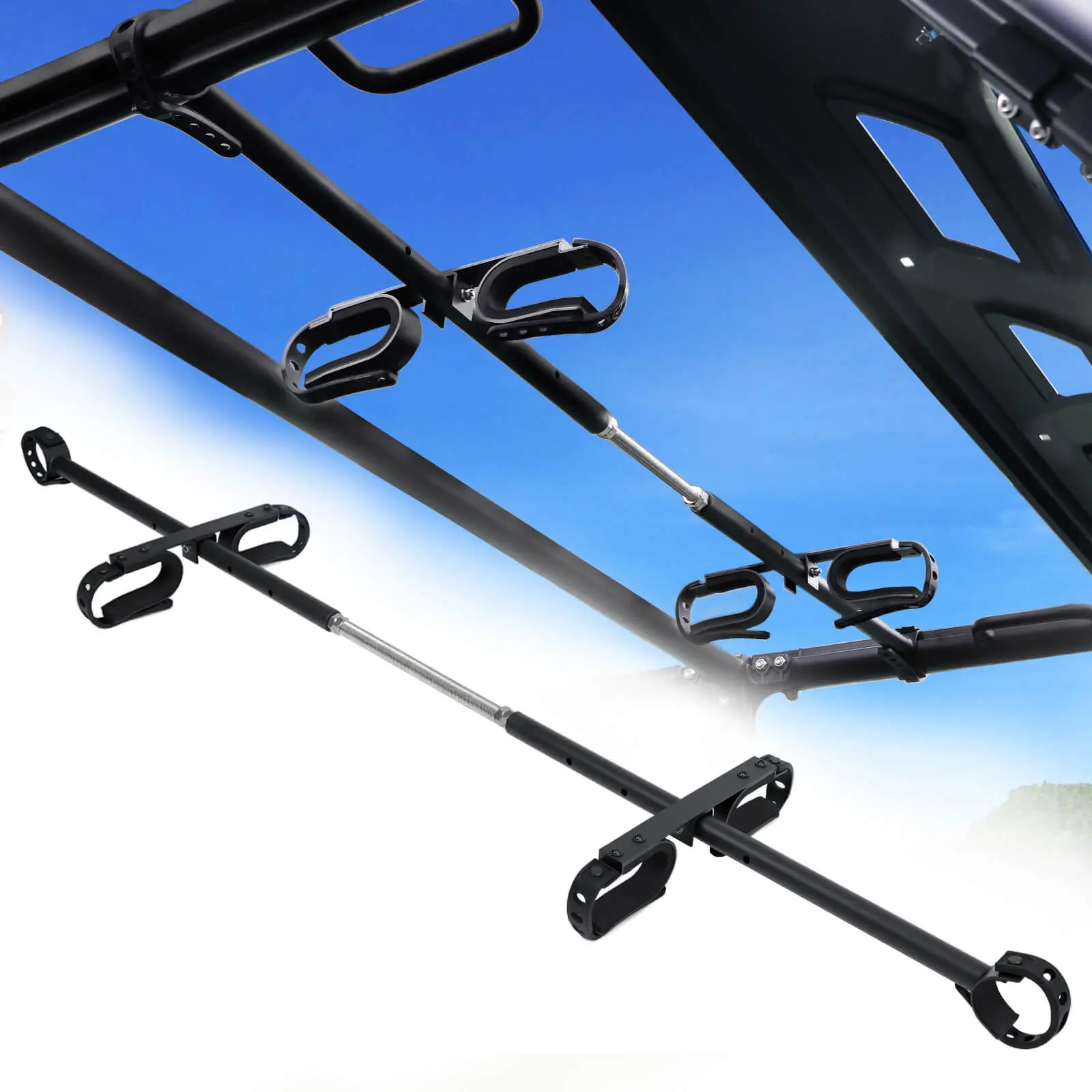 Alloy Steel Black UTV Overhead Hunting Gun Rack - Adjustable Roof-Mount Holder, Fits 48"-57" Spacing, Compatible with Polaris Ranger, Defender, Uforce, Hunt Gear Accessories