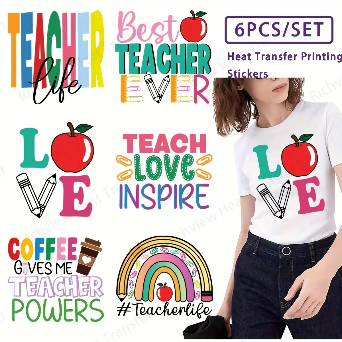 6pcs/set Teacher Appreciation Heat Transfer Stickers - DIY Crafts Washable Iron-On Patches for T-Shirts, Colorful Vinyl Decals with Inspirational Phrases like "TEACHER LIFE", "BEST TEACHER EVER", "Teacher Powers" & "Love," Perfect for Teacher's Day Gifts