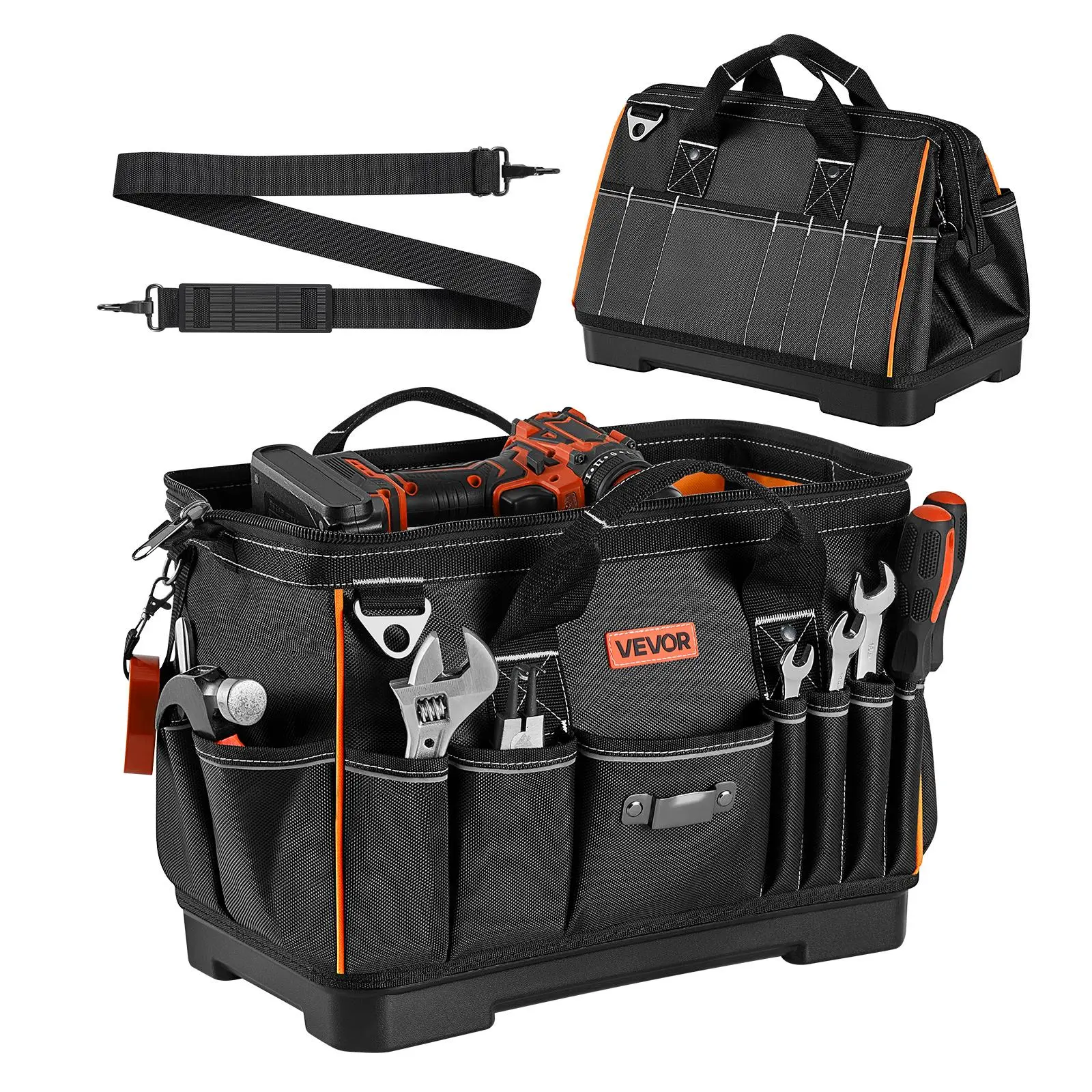 VEVOR Hard Oversized Tool Bag, 16.1 in, 33 Pockets Portable Tool Organizer Storage with Water-Resistant Base, Zipper, Adjustable Shoulder Strap, for Repair Use, Husbands Fathers Day Gift, Construction Tool Organizer, Tools Storage Organizer