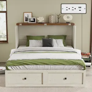 [Ships in 2 Boxes] VanAcc Murphy Bed with Charging Station, Farmhouse Cabinet Bed with Large Storage Drawer, Foldable Platform Bed for Home Office, Apartment, Small Room,