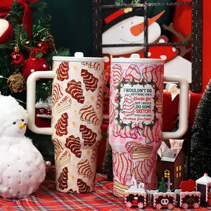 2 Pcs 40oz Double Wall Insulated Thermal Mug Set, Leak Proof Vacuum Cup, Vacuum Flask, Keeps Hot 12 Hours Cold 24 Hours, Christmas Cake Print Design, Large Handle Travel Tumbler for Hot Cold Drinks, Valentine’s Day Gift, Insulated travel drinkware