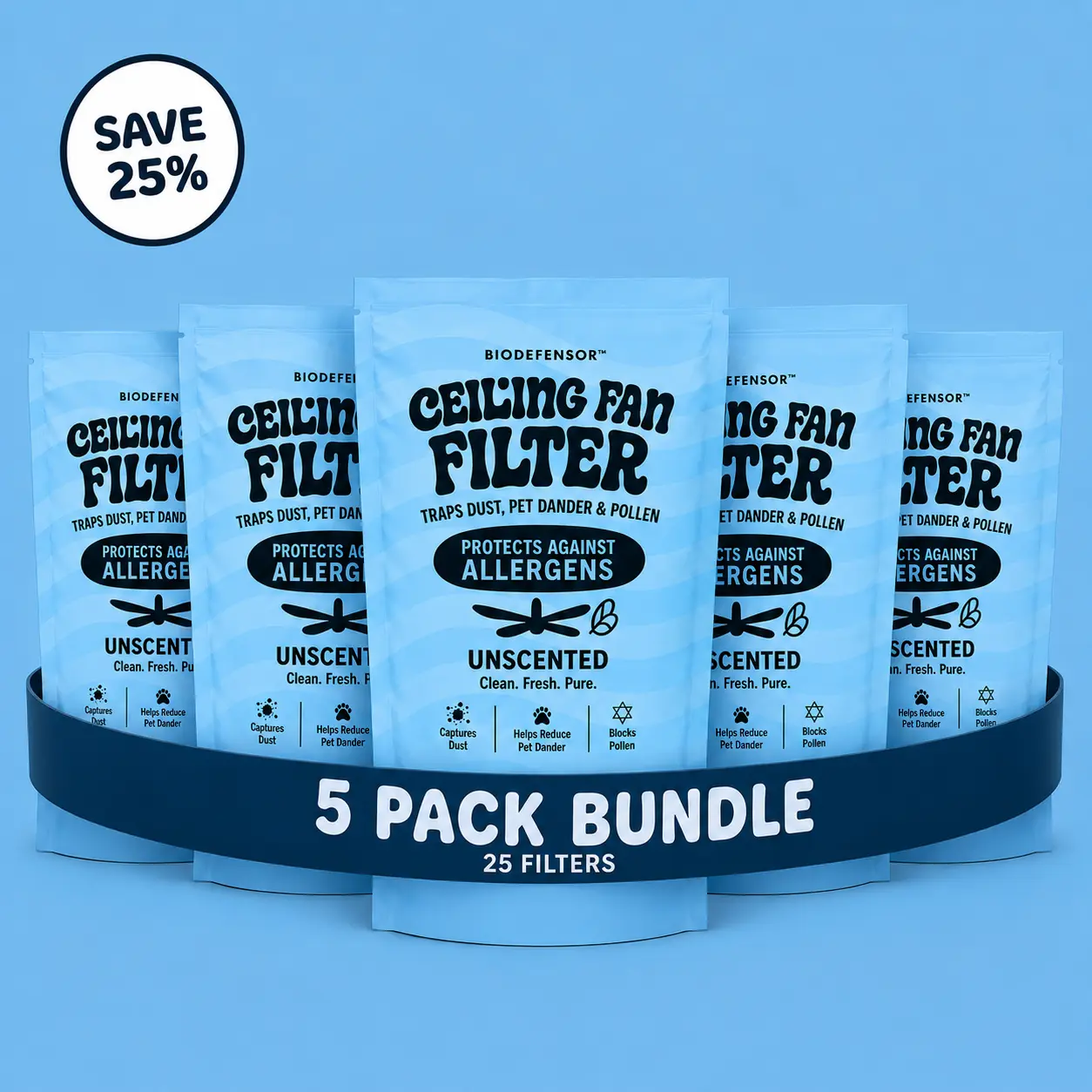 Biodefensor Ceiling Fan Filter - Save 25% on 5 Room 5pc Bundle - 25 Filter Pieces Total