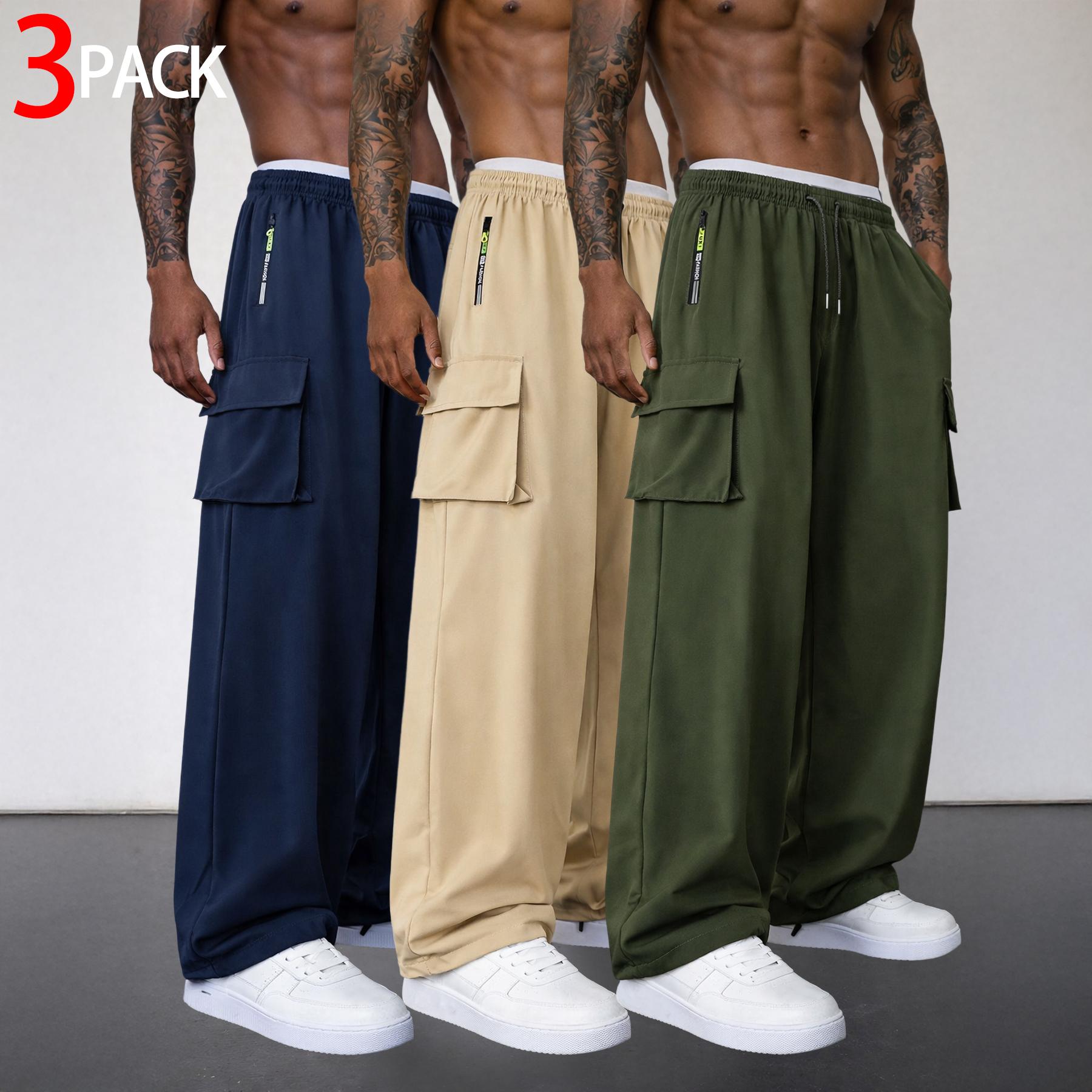 3 Pack Mens Cargo Pants Baggy Wide Leg Drawstring Trousers with Zipper Pocket and Flap Pockets Loose Fit Streetwear Utility Pants for Daily Wear Travel Commuting Skating Outdoor Casual Workwear Inspired Outfits