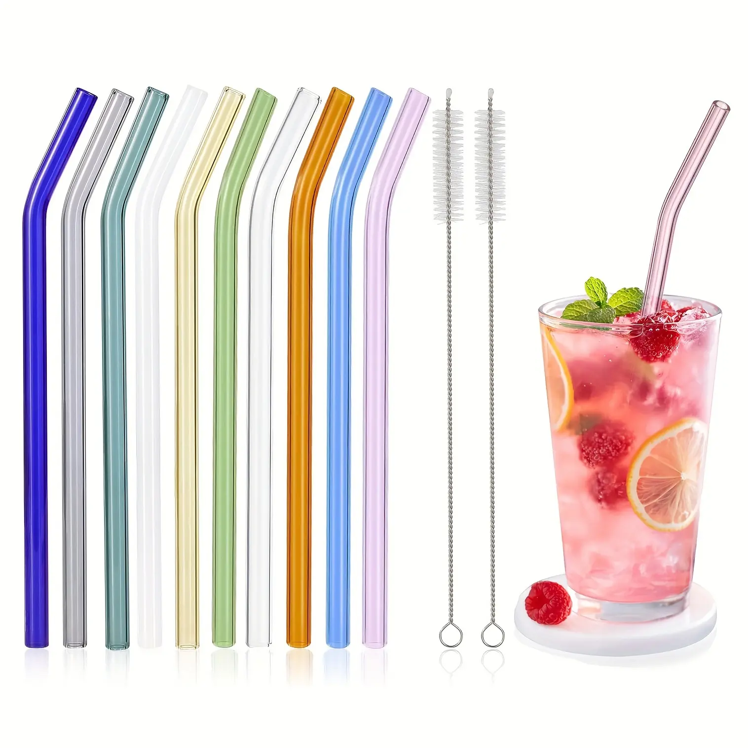 10 Pcs Reusable Transparent Glass Drinking Utensils with 2 Cleaning Brushes - Durable, Colorful, Shatter-Resistant - Ideal for Cocktails, Home Use, Kitchen Gifts